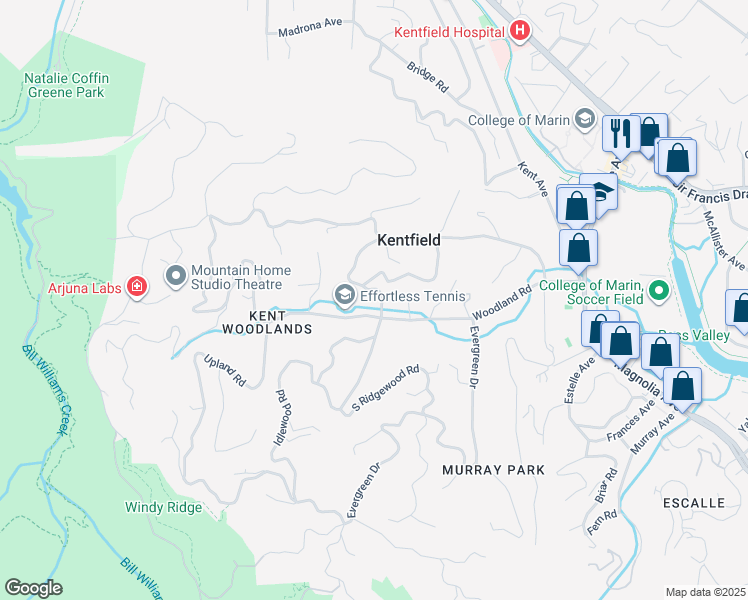 map of restaurants, bars, coffee shops, grocery stores, and more near 9 North Ridgewood Road in Kentfield