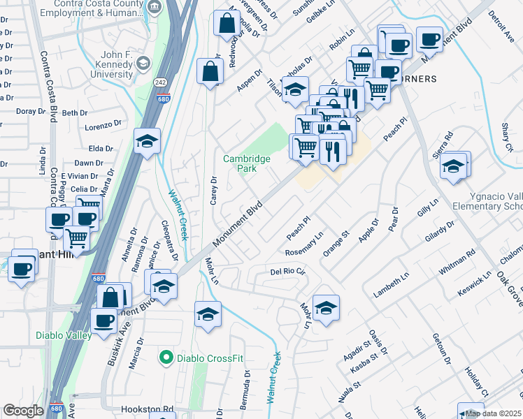map of restaurants, bars, coffee shops, grocery stores, and more near 1290 Monument Boulevard in Concord
