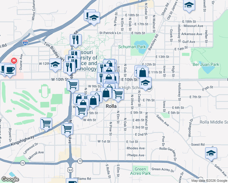 map of restaurants, bars, coffee shops, grocery stores, and more near 718 North Pine Street in Rolla