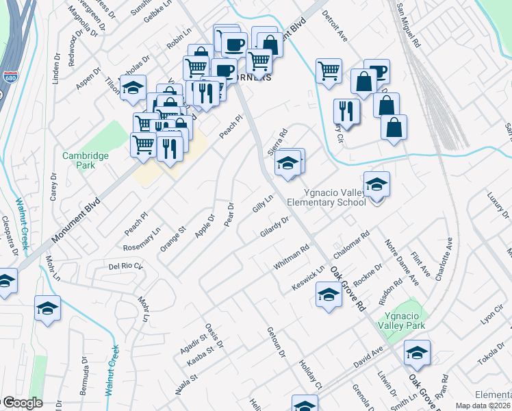 map of restaurants, bars, coffee shops, grocery stores, and more near 1921 Gilly Lane in Concord
