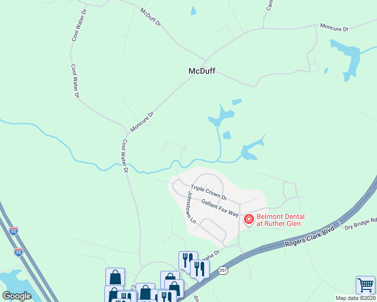 map of restaurants, bars, coffee shops, grocery stores, and more near 23055 Triple Crown Drive in Ruther Glen