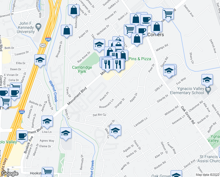 map of restaurants, bars, coffee shops, grocery stores, and more near 1393 Peach Place in Concord