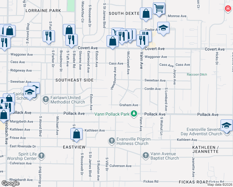 map of restaurants, bars, coffee shops, grocery stores, and more near 2815 Sandee Acre Ct in Evansville