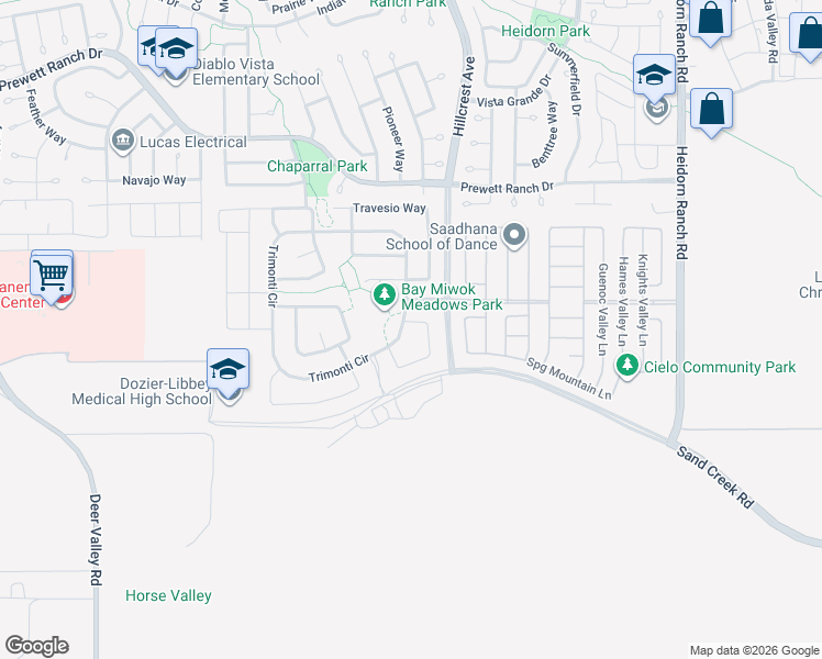map of restaurants, bars, coffee shops, grocery stores, and more near Hillcrest Avenue in Antioch