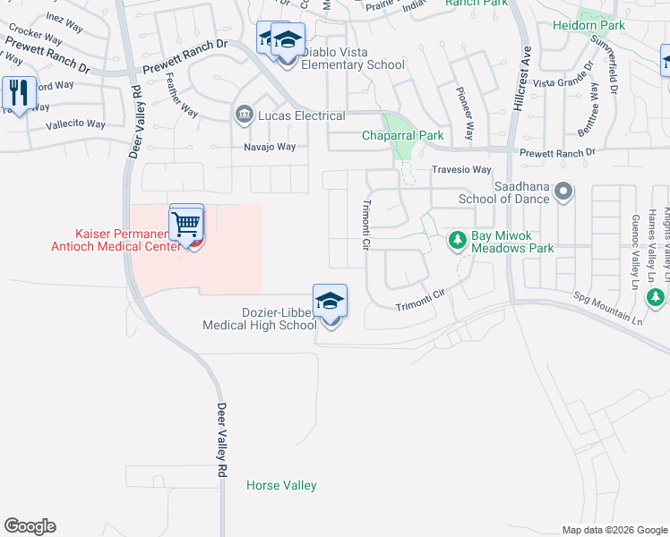 map of restaurants, bars, coffee shops, grocery stores, and more near 4900 Sand Creek Rd in Antioch
