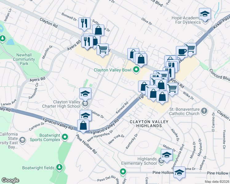 map of restaurants, bars, coffee shops, grocery stores, and more near 5369 Lightwood Drive in Concord