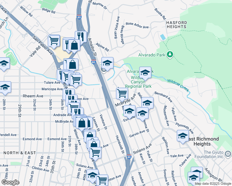 map of restaurants, bars, coffee shops, grocery stores, and more near 5480 Shasta Avenue in San Pablo
