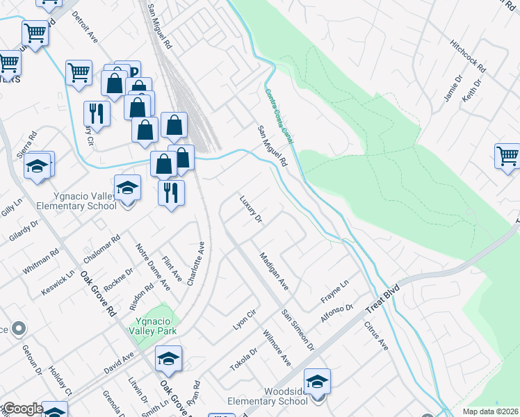 map of restaurants, bars, coffee shops, grocery stores, and more near 2915 Watson Court West in Concord