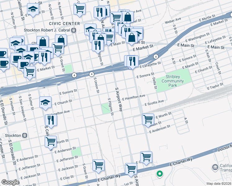 map of restaurants, bars, coffee shops, grocery stores, and more near 1222 East Church Street in Stockton