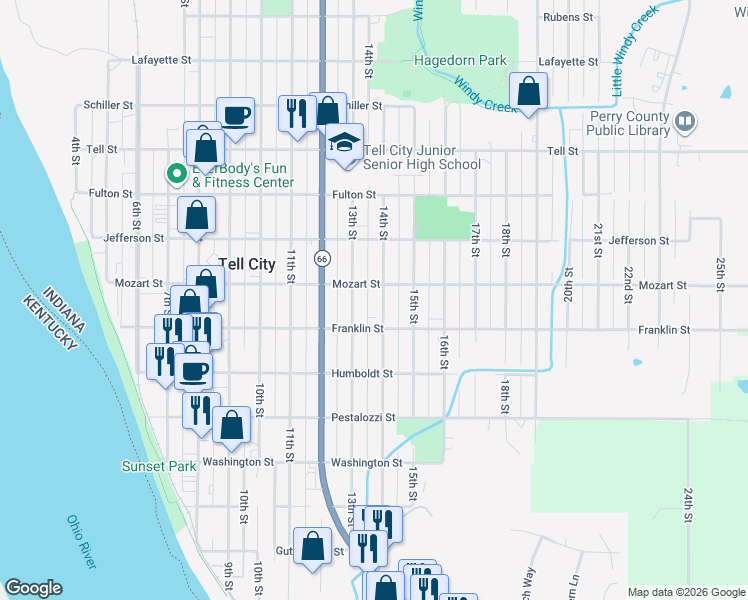 map of restaurants, bars, coffee shops, grocery stores, and more near 600-698 13th Street in Tell City