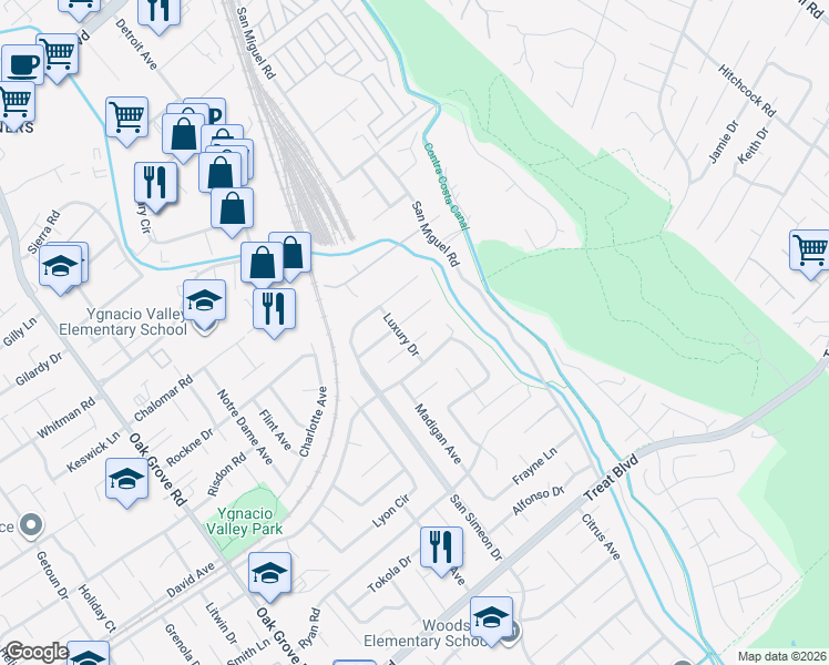 map of restaurants, bars, coffee shops, grocery stores, and more near 2915 Watson Court West in Concord