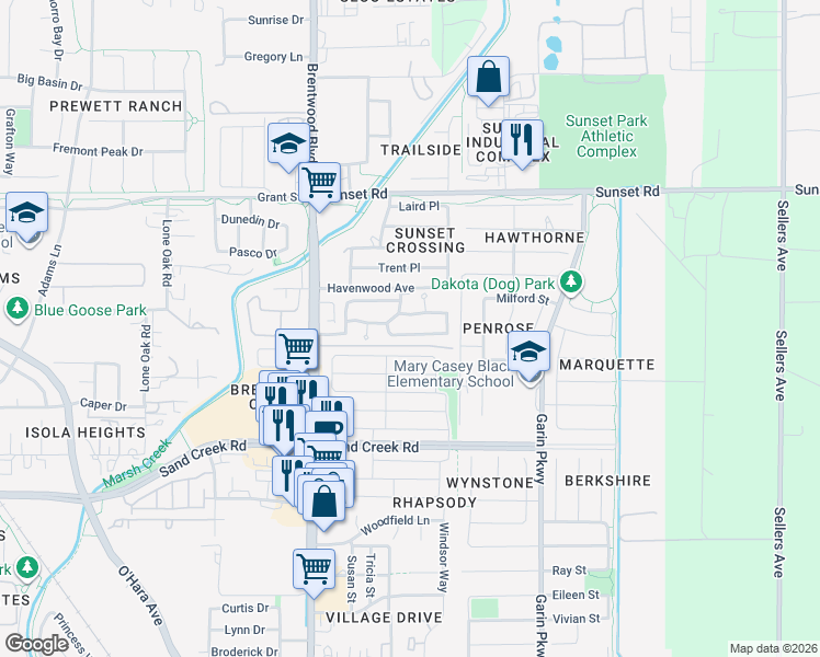 map of restaurants, bars, coffee shops, grocery stores, and more near 427 Grovewood Loop North in Brentwood