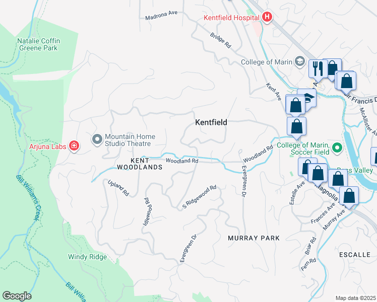 map of restaurants, bars, coffee shops, grocery stores, and more near 9 North Ridgewood Road in Kentfield