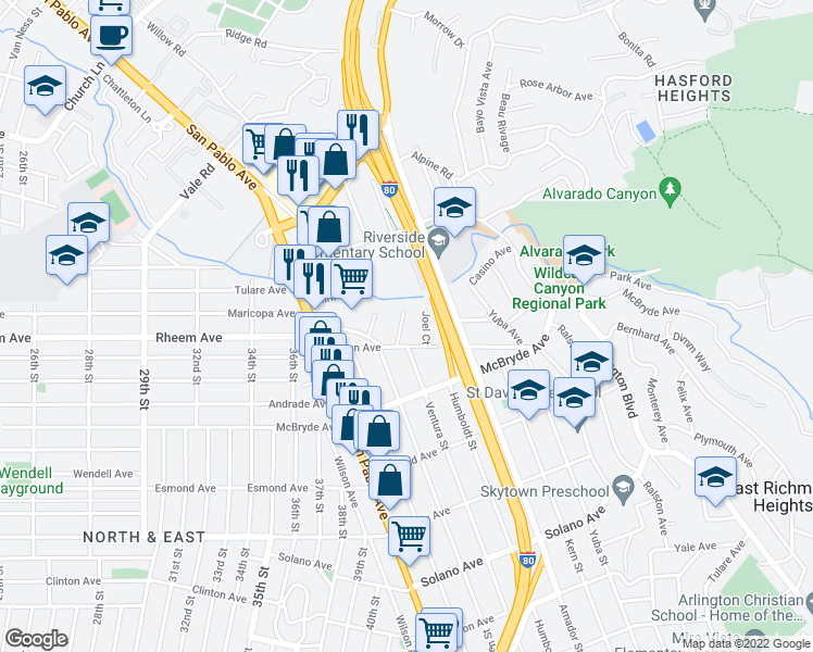 map of restaurants, bars, coffee shops, grocery stores, and more near 1116 Brookside Avenue in Richmond