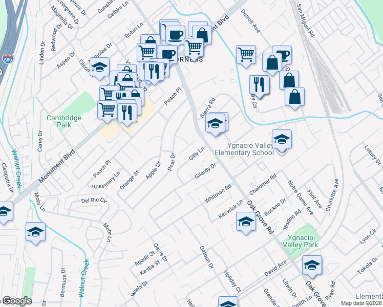 map of restaurants, bars, coffee shops, grocery stores, and more near 1921 Gilly Lane in Concord