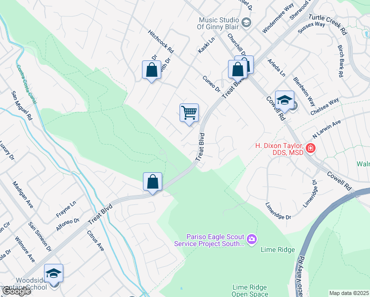 map of restaurants, bars, coffee shops, grocery stores, and more near 4250 Marietta Court in Concord