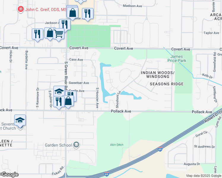 map of restaurants, bars, coffee shops, grocery stores, and more near 1971 Pueblo Pass in Evansville