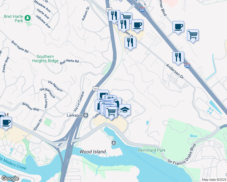 map of restaurants, bars, coffee shops, grocery stores, and more near 464 Old Quarry Road South in Larkspur