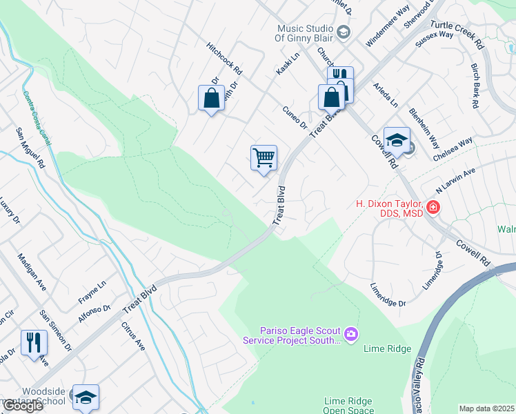 map of restaurants, bars, coffee shops, grocery stores, and more near 4250 Marietta Court in Concord