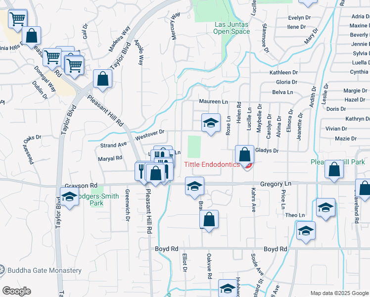 map of restaurants, bars, coffee shops, grocery stores, and more near 589 Maureen Lane in Pleasant Hill