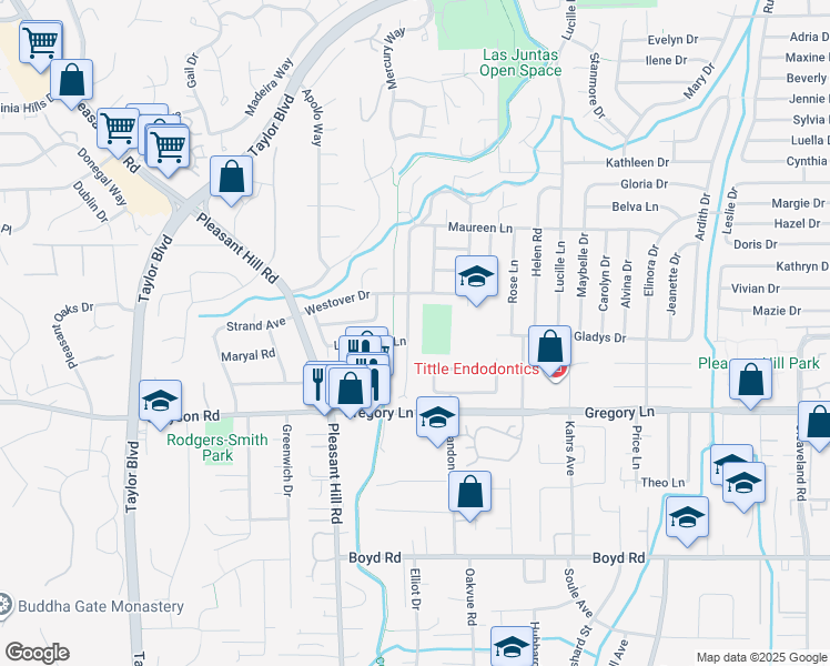 map of restaurants, bars, coffee shops, grocery stores, and more near 589 Maureen Lane in Pleasant Hill