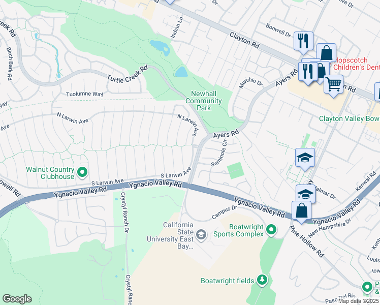 map of restaurants, bars, coffee shops, grocery stores, and more near 4695 South Larwin Avenue in Concord