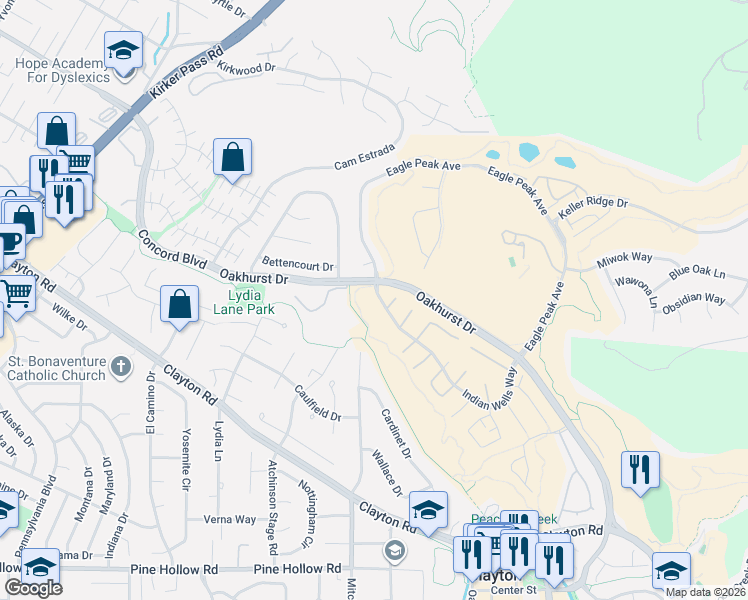 map of restaurants, bars, coffee shops, grocery stores, and more near 1780 Indian Wells Way in Clayton