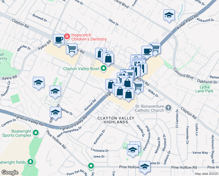 map of restaurants, bars, coffee shops, grocery stores, and more near 5333 Park Highlands Boulevard in Concord
