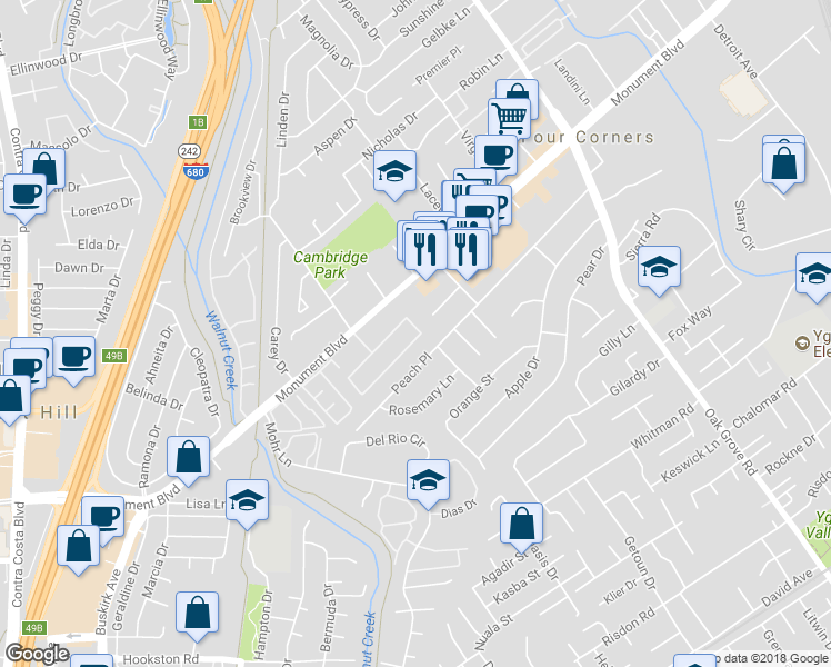 map of restaurants, bars, coffee shops, grocery stores, and more near 66 The Trees Drive in Concord