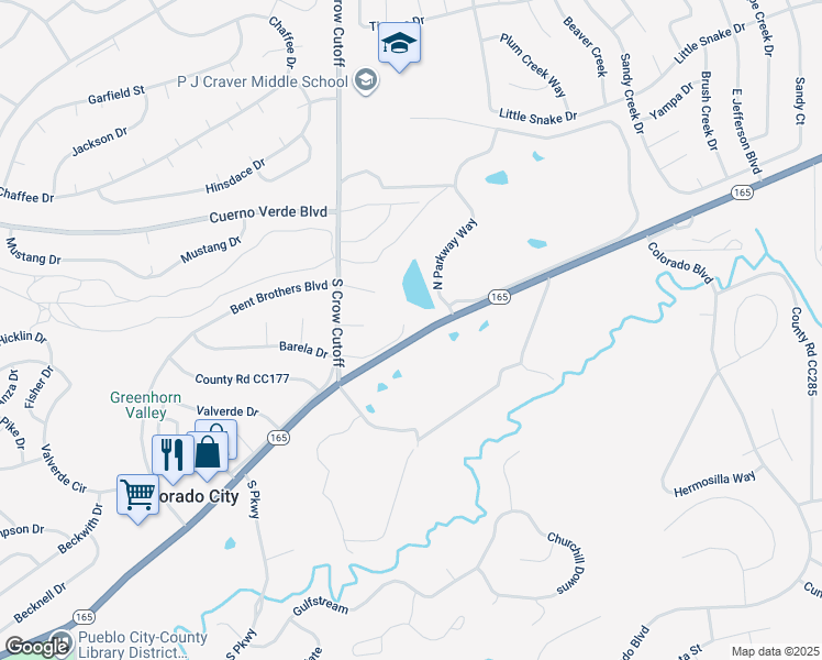 map of restaurants, bars, coffee shops, grocery stores, and more near 7180-7224 Highway 165 in Pueblo