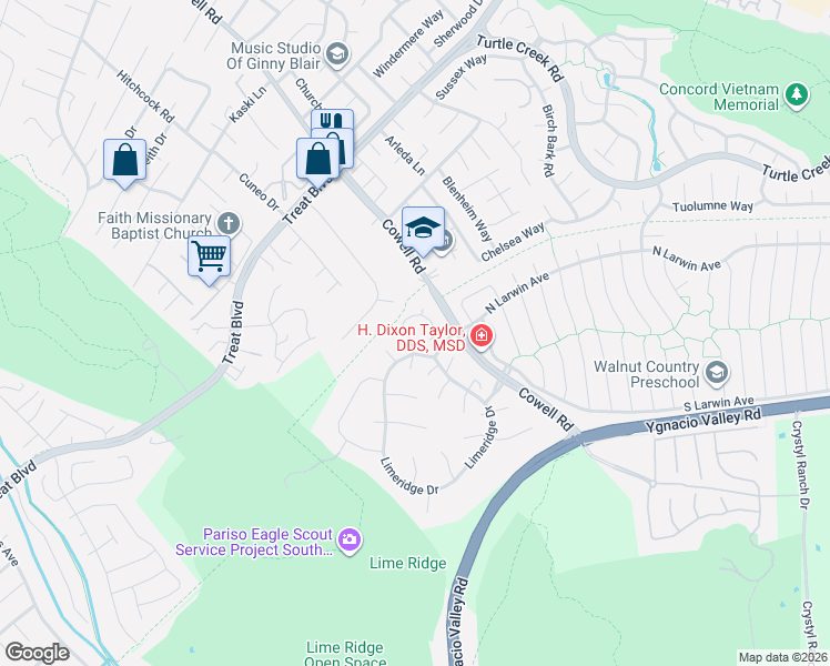 map of restaurants, bars, coffee shops, grocery stores, and more near 4341 Rosina Court in Concord