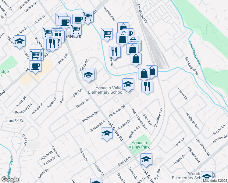 map of restaurants, bars, coffee shops, grocery stores, and more near 2144 La Orinda Place in Concord