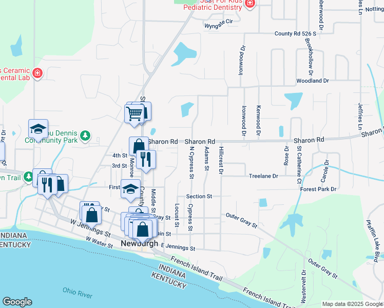 map of restaurants, bars, coffee shops, grocery stores, and more near 715 North Cypress Street in Newburgh