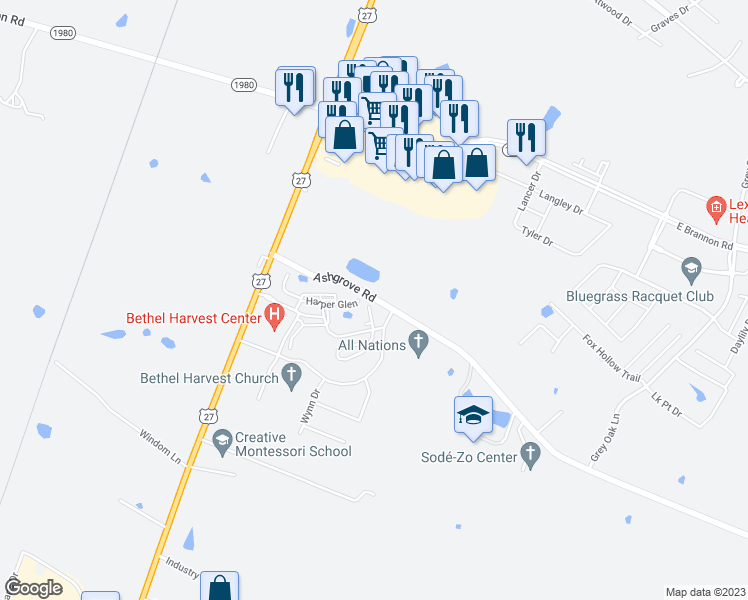 map of restaurants, bars, coffee shops, grocery stores, and more near 1050 Ashgrove Road in Nicholasville