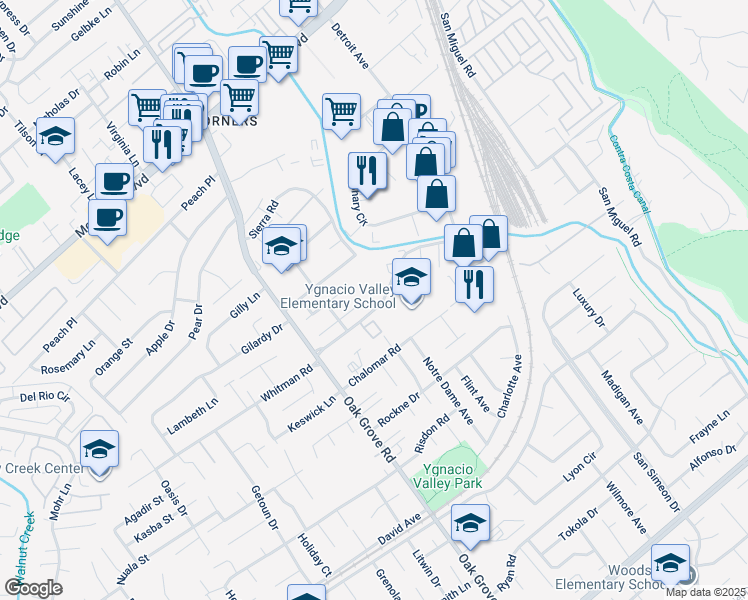map of restaurants, bars, coffee shops, grocery stores, and more near 2275 Whitman Road in Concord