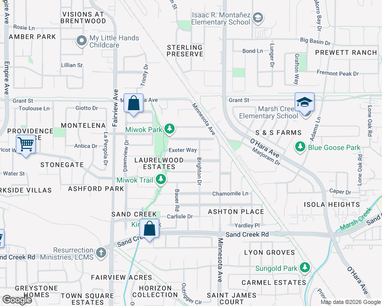 map of restaurants, bars, coffee shops, grocery stores, and more near 1224 Exeter Way in Brentwood