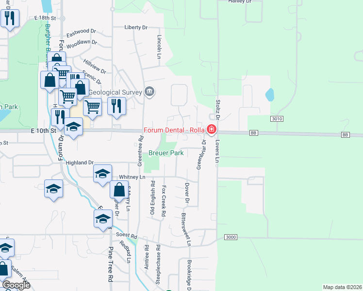 map of restaurants, bars, coffee shops, grocery stores, and more near 807 Wakefield Drive in Rolla