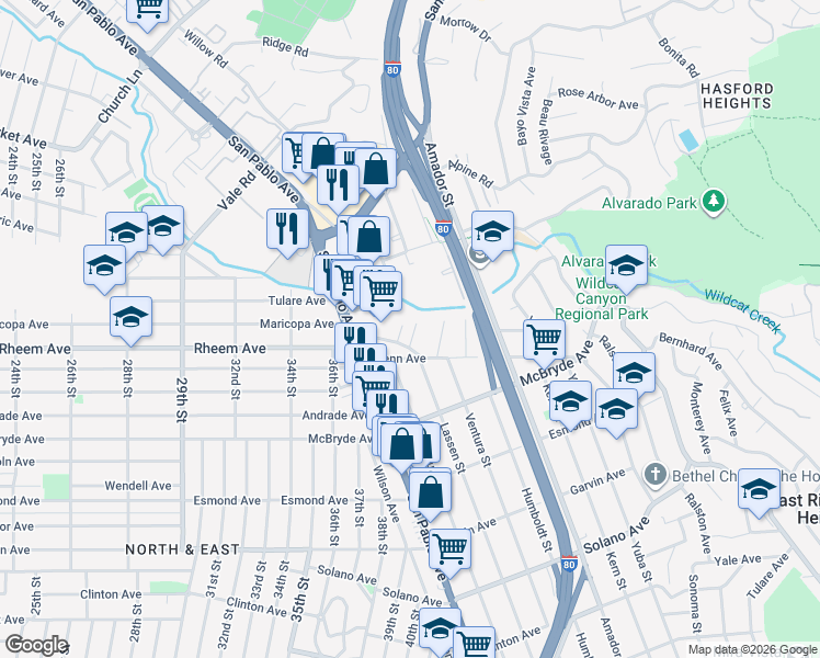 map of restaurants, bars, coffee shops, grocery stores, and more near 5011 Montoya Avenue in Richmond