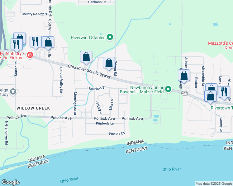 map of restaurants, bars, coffee shops, grocery stores, and more near 5839 Riverwalk Circle in Newburgh