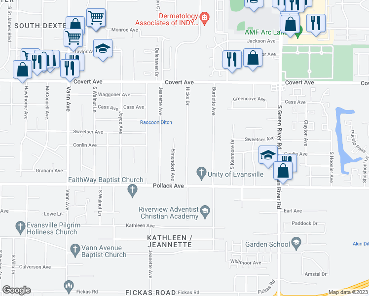 map of restaurants, bars, coffee shops, grocery stores, and more near 1905 Hicks Drive in Evansville