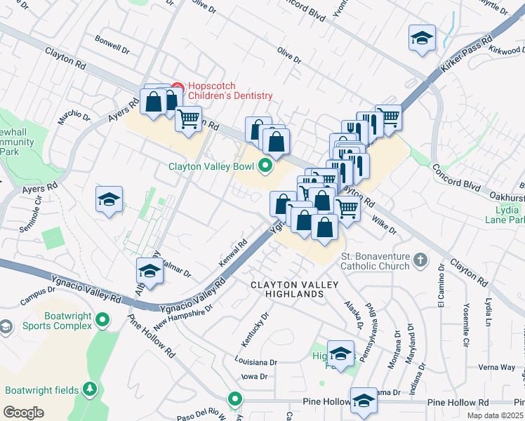 map of restaurants, bars, coffee shops, grocery stores, and more near 5333 Park Highlands Boulevard in Concord