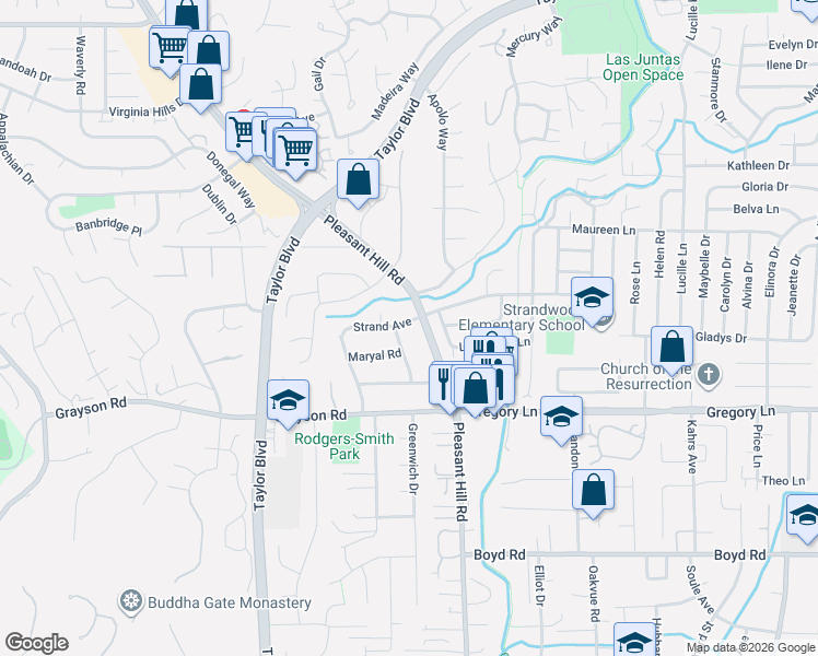 map of restaurants, bars, coffee shops, grocery stores, and more near 2447 Pleasant Hill Road in Pleasant Hill