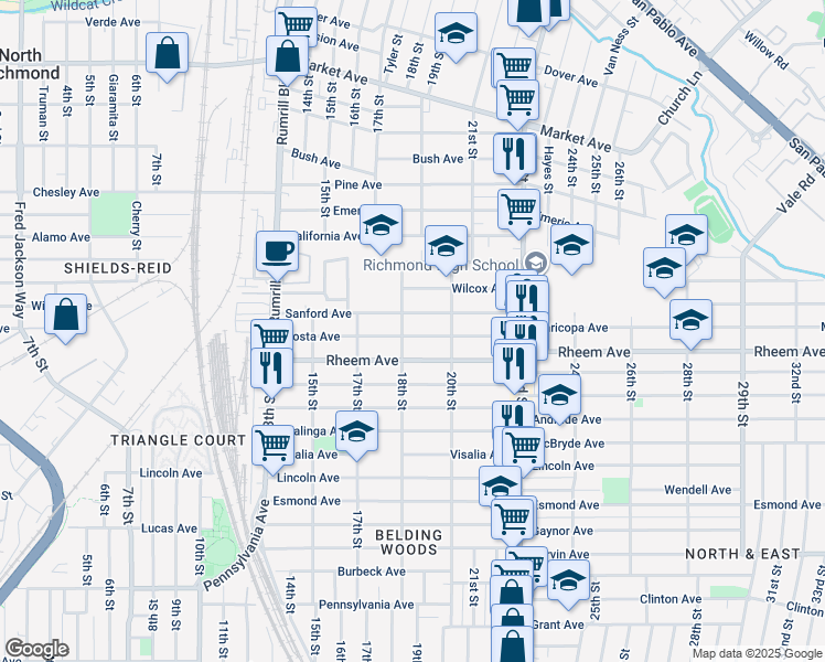 map of restaurants, bars, coffee shops, grocery stores, and more near 1124 18th Street in Richmond