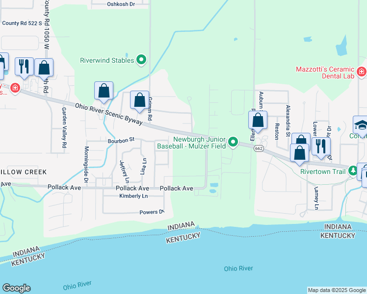 map of restaurants, bars, coffee shops, grocery stores, and more near 9833 Highway 662 in Newburgh