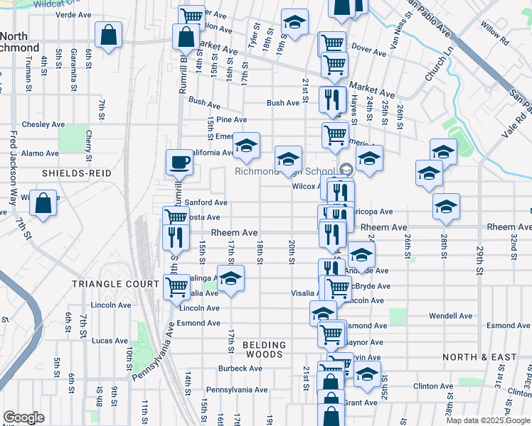 map of restaurants, bars, coffee shops, grocery stores, and more near 1124 18th Street in Richmond