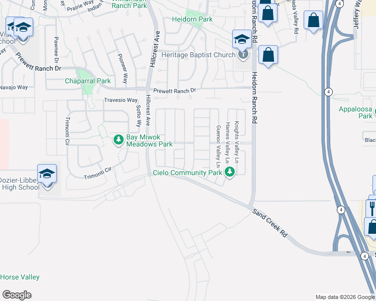 map of restaurants, bars, coffee shops, grocery stores, and more near 5416 Wildrose Court in Antioch
