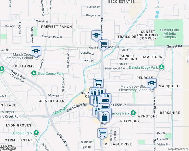 map of restaurants, bars, coffee shops, grocery stores, and more near 7251 Brentwood Boulevard in Brentwood