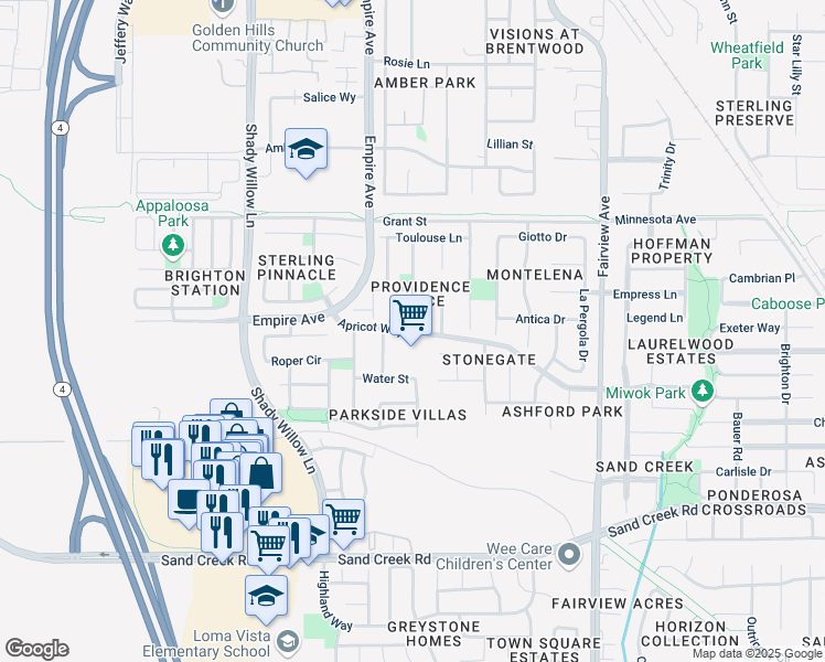 map of restaurants, bars, coffee shops, grocery stores, and more near Apricot Way & Moreau Way in Brentwood