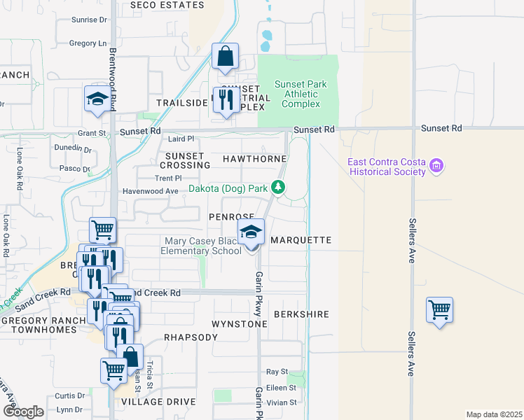 map of restaurants, bars, coffee shops, grocery stores, and more near 1692 Oakville Court in Brentwood