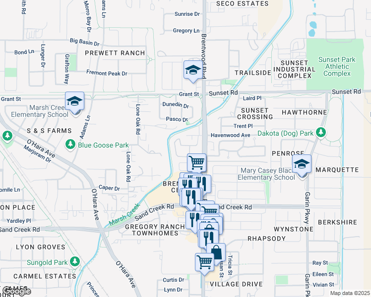 map of restaurants, bars, coffee shops, grocery stores, and more near 7251 Brentwood Boulevard in Brentwood